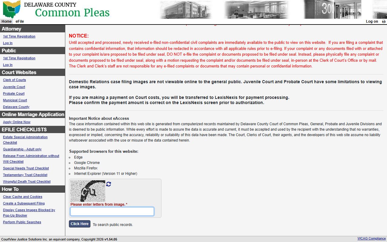 Delaware County court records CourtView public portal