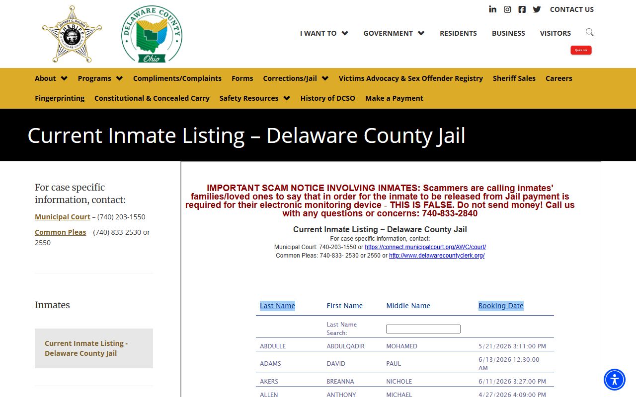 Delaware County jail roster current inmate listing record search