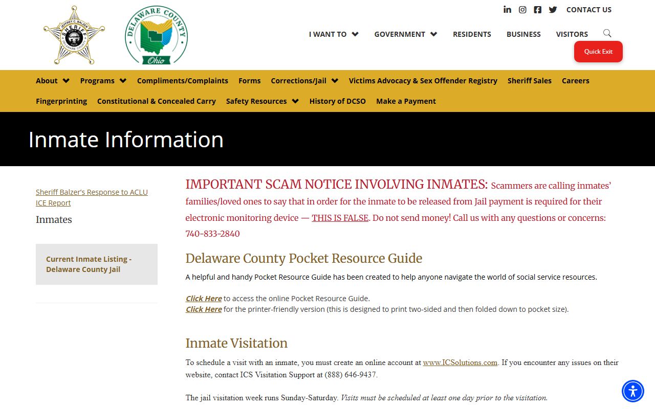 Delaware County inmate information page for jail visitation and custody rules