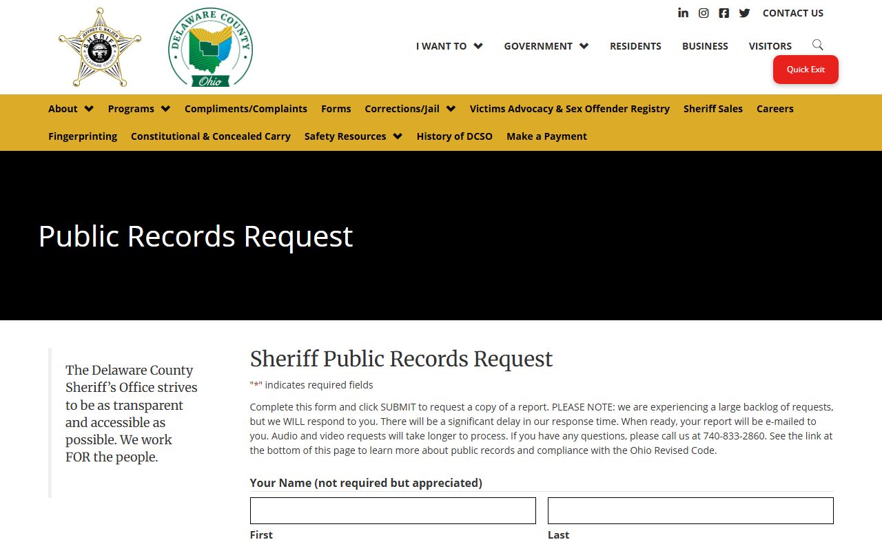 Delaware County jail mugshots public records request form